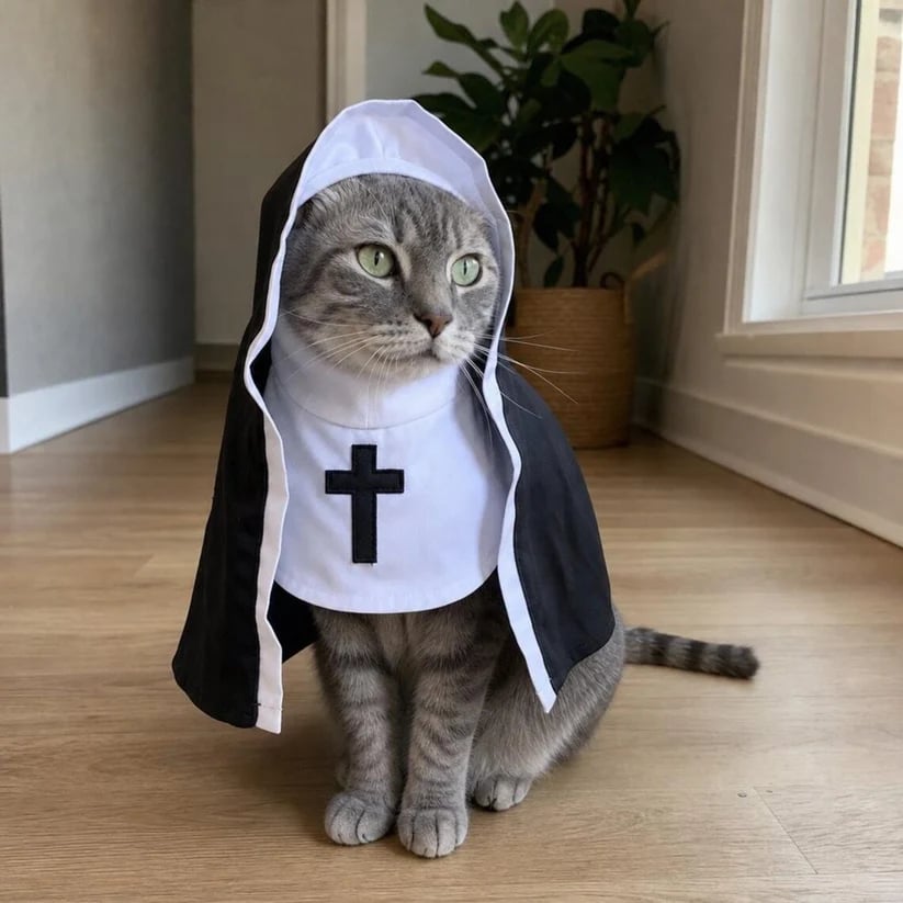 🐈⬛ Holy Cat™ Nun Costume – Funny Halloween Cat Outfit, Cute Black & White Pet Costume for Photos & Cat Lovers 🎃