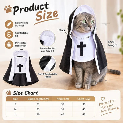 🐈‍⬛ Holy Cat™ Nun Costume – Funny Halloween Cat Outfit, Cute Black & White Pet Costume for Photos & Cat Lovers 🎃