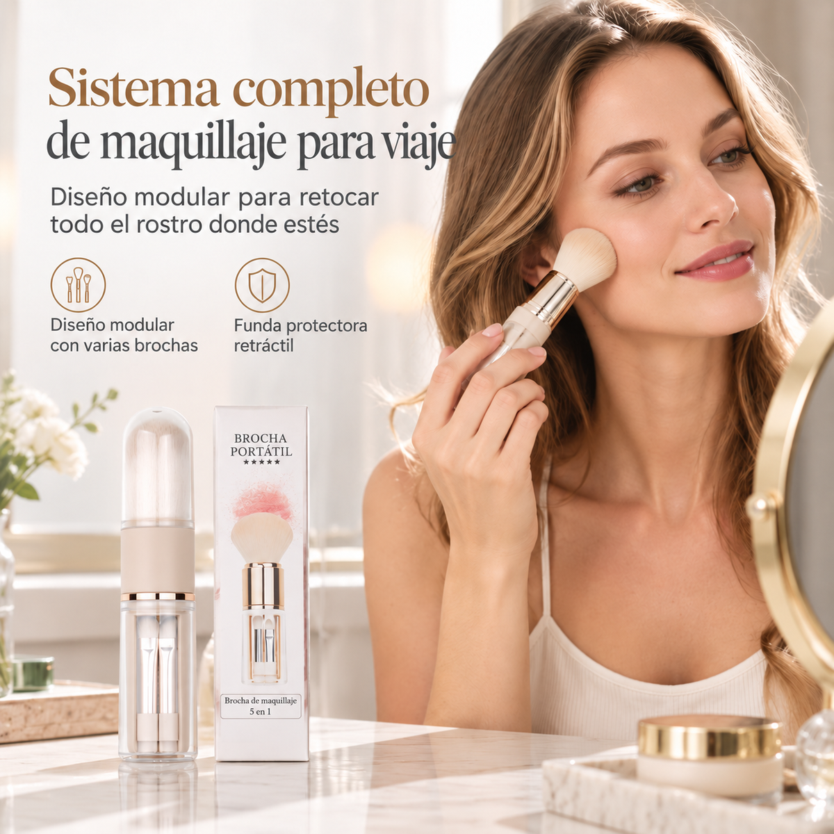 Juego portátil de brochas de maquillaje 5 en 1 — información en español