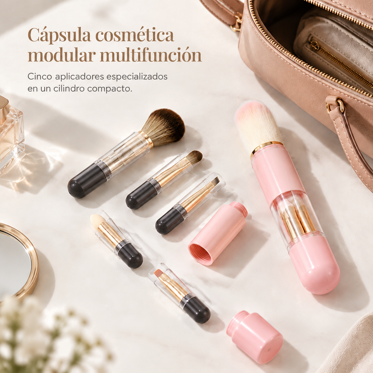 Juego portátil de brochas de maquillaje 5 en 1 — información en español