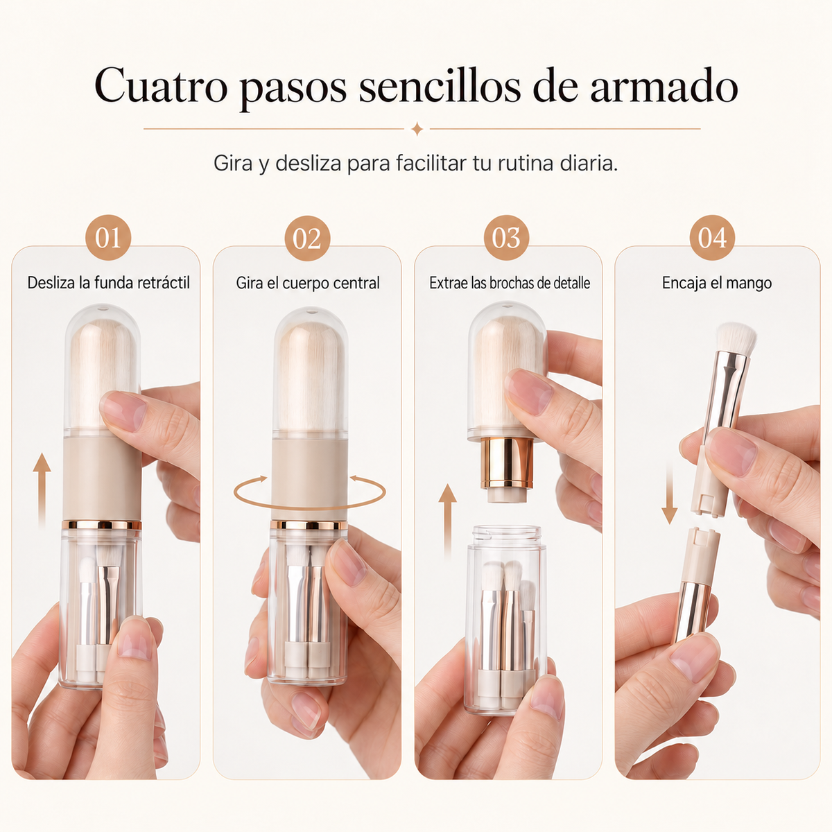 Juego portátil de brochas de maquillaje 5 en 1 — información en español